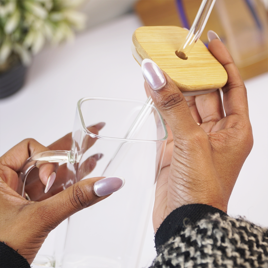 Glass Mug with Bamboo Lid & Reusable Straw | Clear Drinking Glass with Handle for Coffee