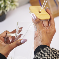 Glass Mug with Bamboo Lid & Reusable Straw | Clear Drinking Glass with Handle for Coffee