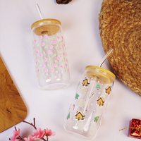 Set-2 Christmas & Floral Glass Tumbler with Bamboo Lid & Straw