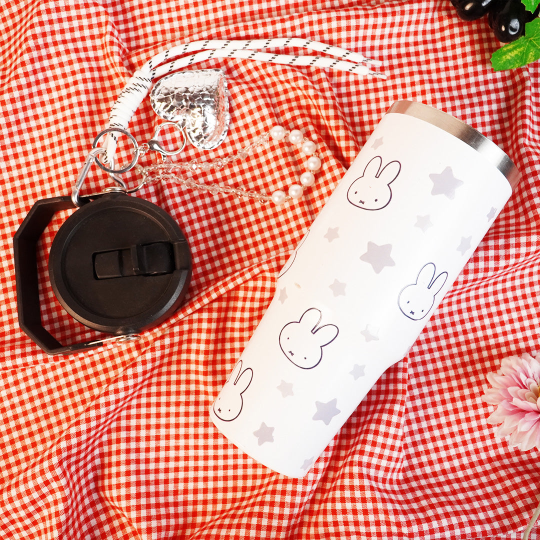 Bunny Print Tumbler with Handle & Lanyard | Reusable Travel Cup | Cute Everyday Drinkware