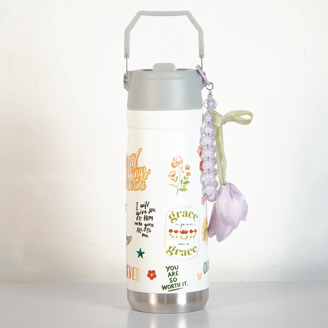 Floral Stainless Steel Tumbler with Charm & Handle