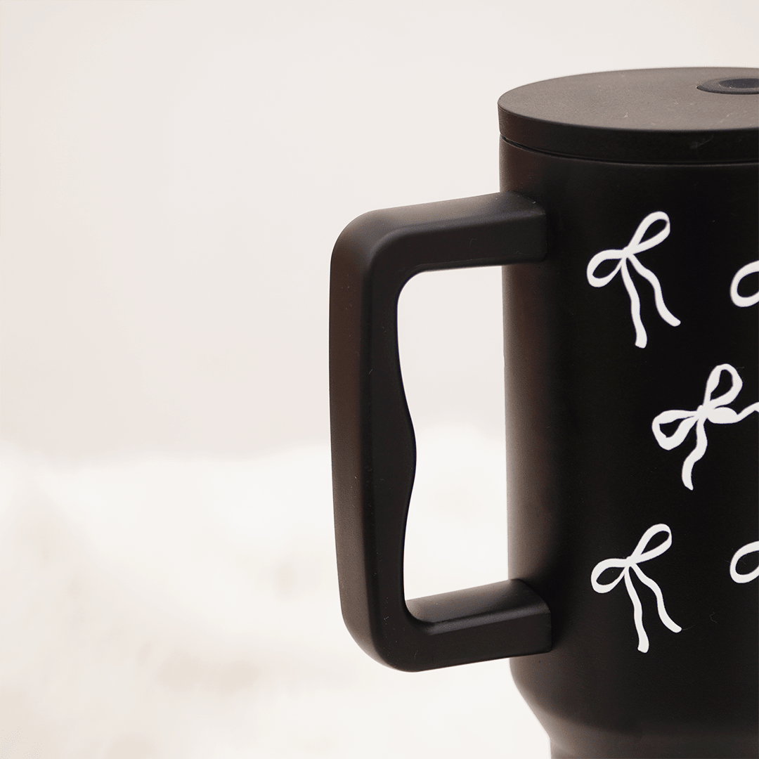 Bow Print Travel Tumbler with Handle | Insulated Coffee Mug with Lid | Reusable Water Cup