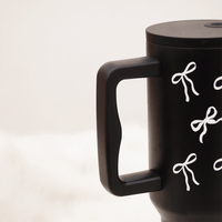 Bow Print Travel Tumbler with Handle | Insulated Coffee Mug with Lid | Reusable Water Cup