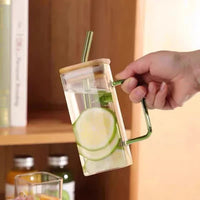 Vintage Square Glass Mug 400ml with Lid and Straw