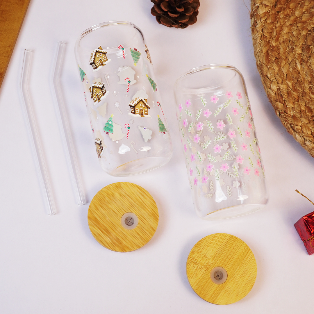 Set-2 Christmas & Floral Glass Tumbler with Bamboo Lid & Straw