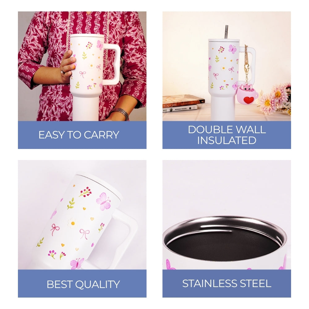 Butterfly, Bow & Floral Print travel  WHITE Tumbler