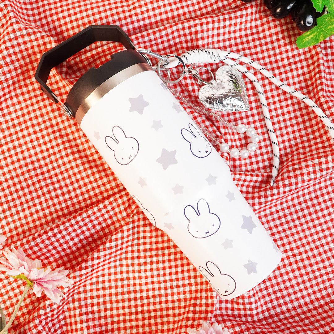 Bunny Print Tumbler with Handle & Lanyard | Reusable Travel Cup | Cute Everyday Drinkware