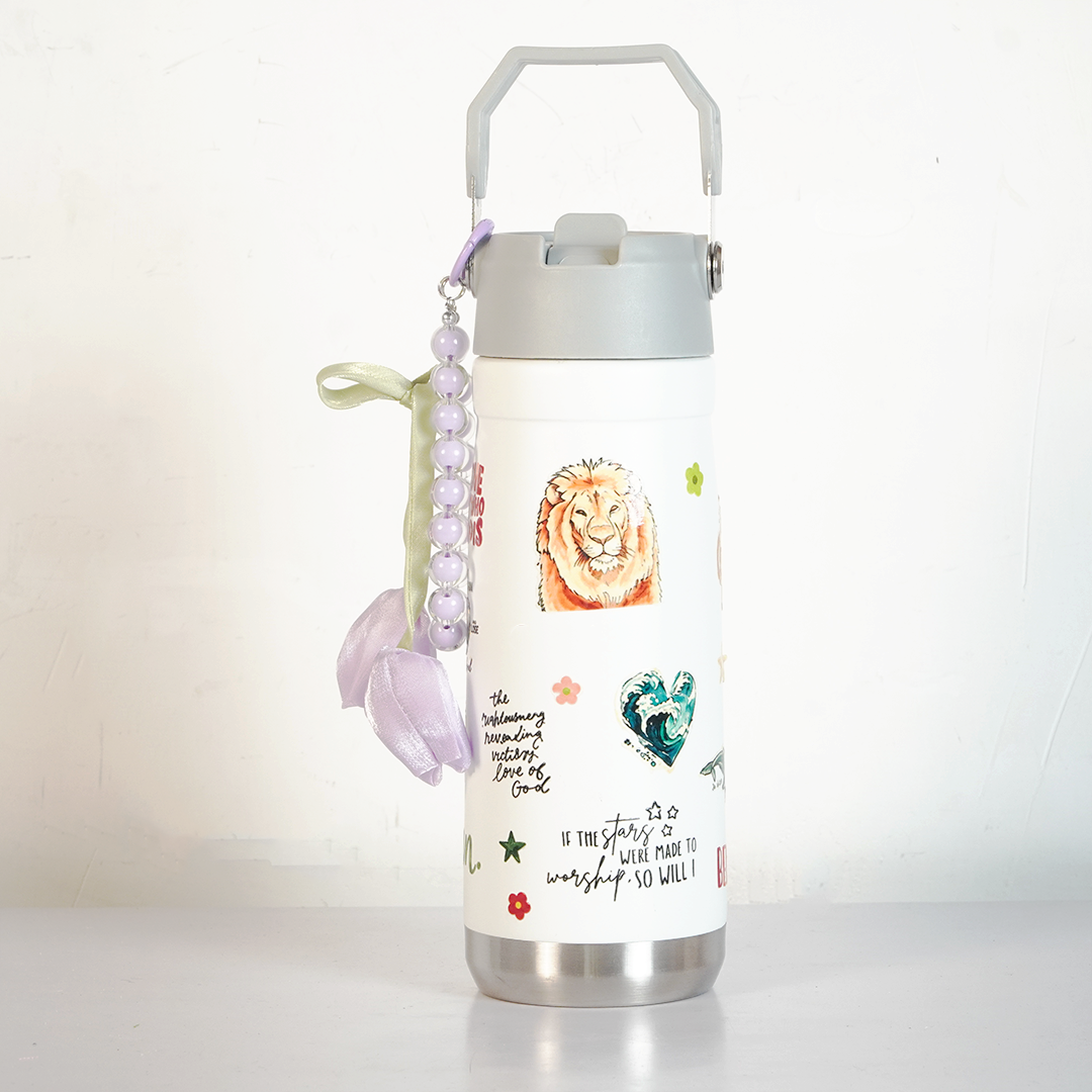 Floral Stainless Steel Tumbler with Charm & Handle