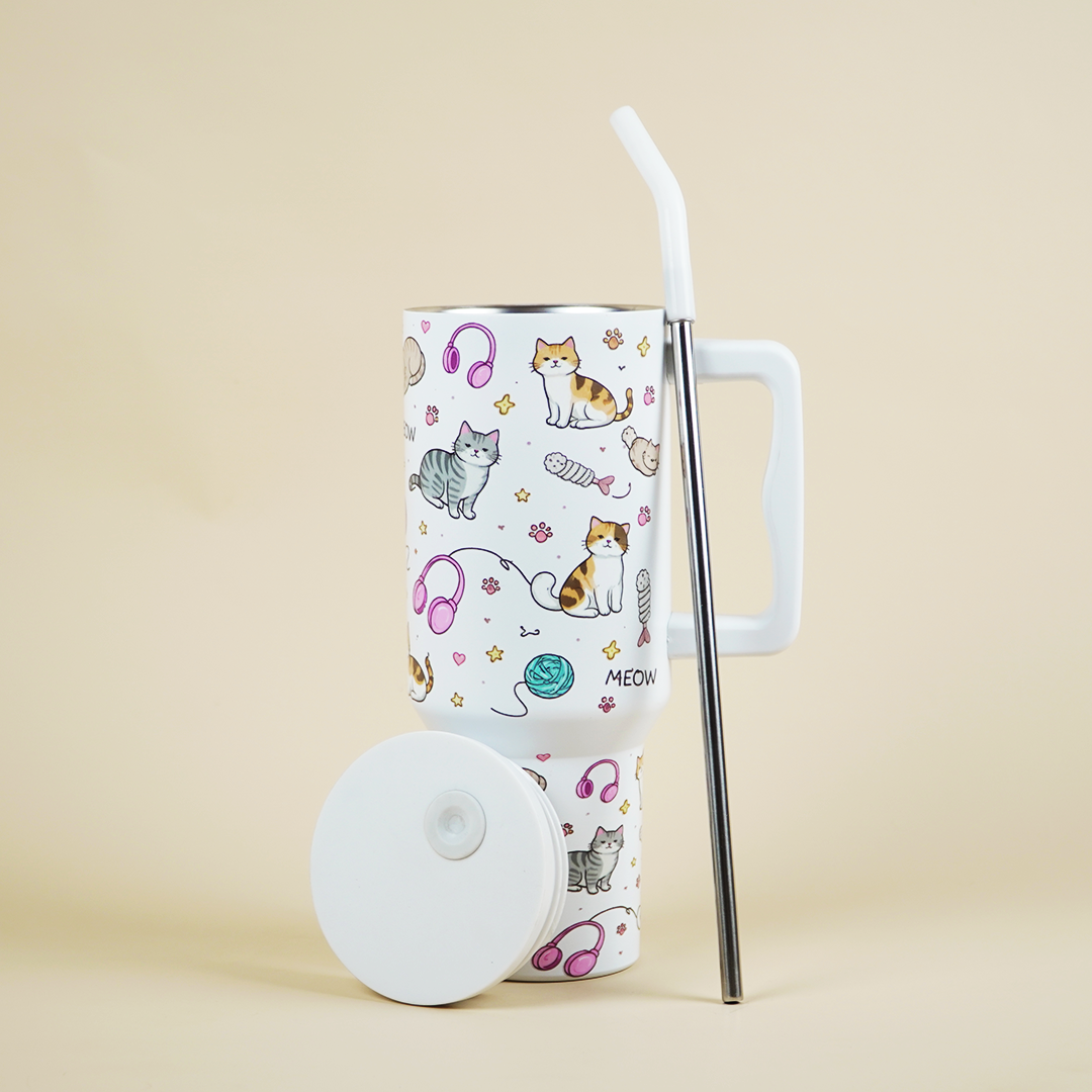 Meow Cat Insulated Tumbler— Leakproof & Insulated (White)