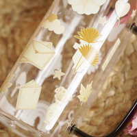 Set -2 Cute Printed Glass Mug with Bamboo Lid & Straw