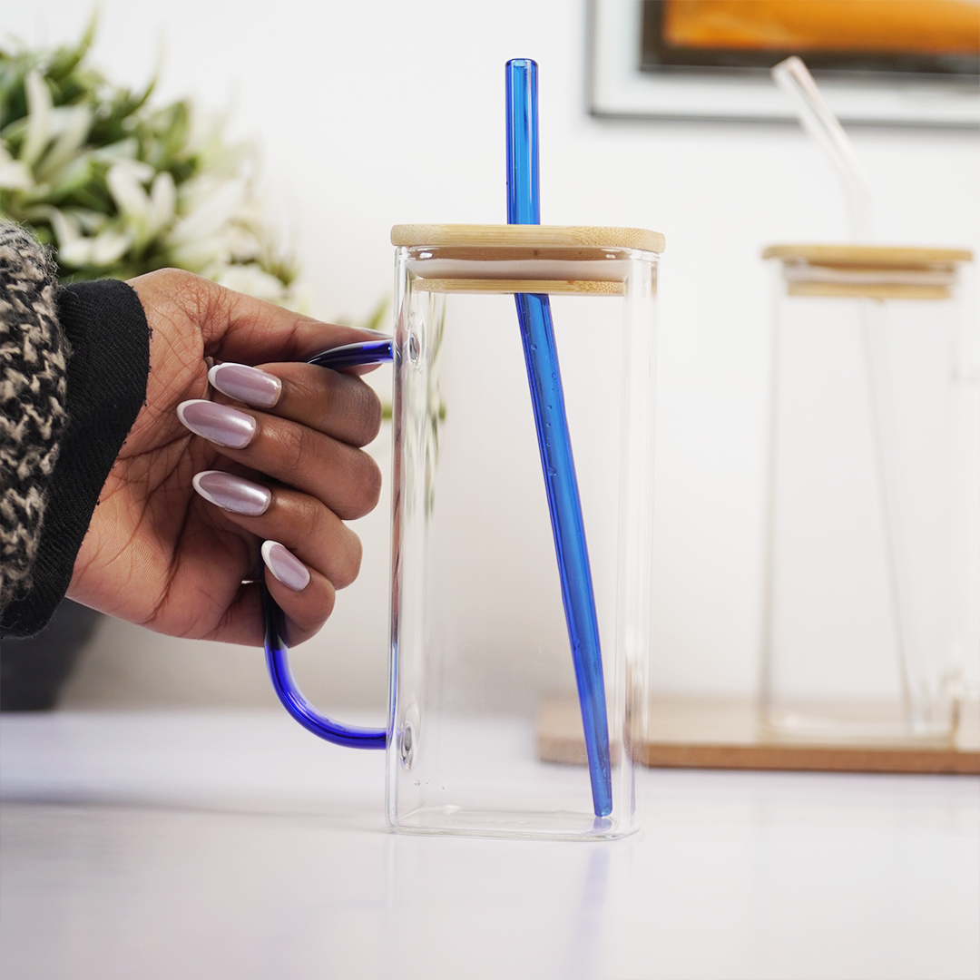 Glass Mug with Bamboo Lid & Reusable Straw | Clear Drinking Glass with Handle for Coffee