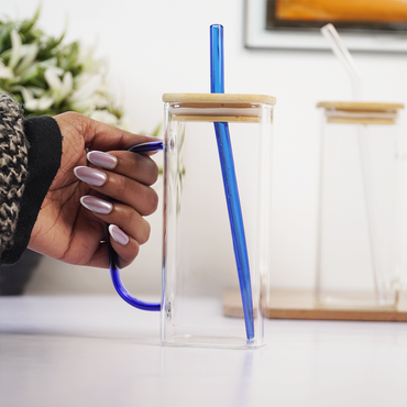 Glass Mug with Bamboo Lid & Reusable Straw | Clear Drinking Glass with Handle for Coffee