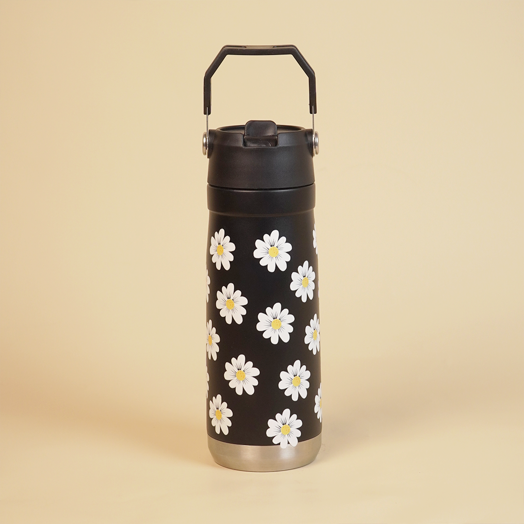 Daisy Print Black Stainless Steel Water Bottle