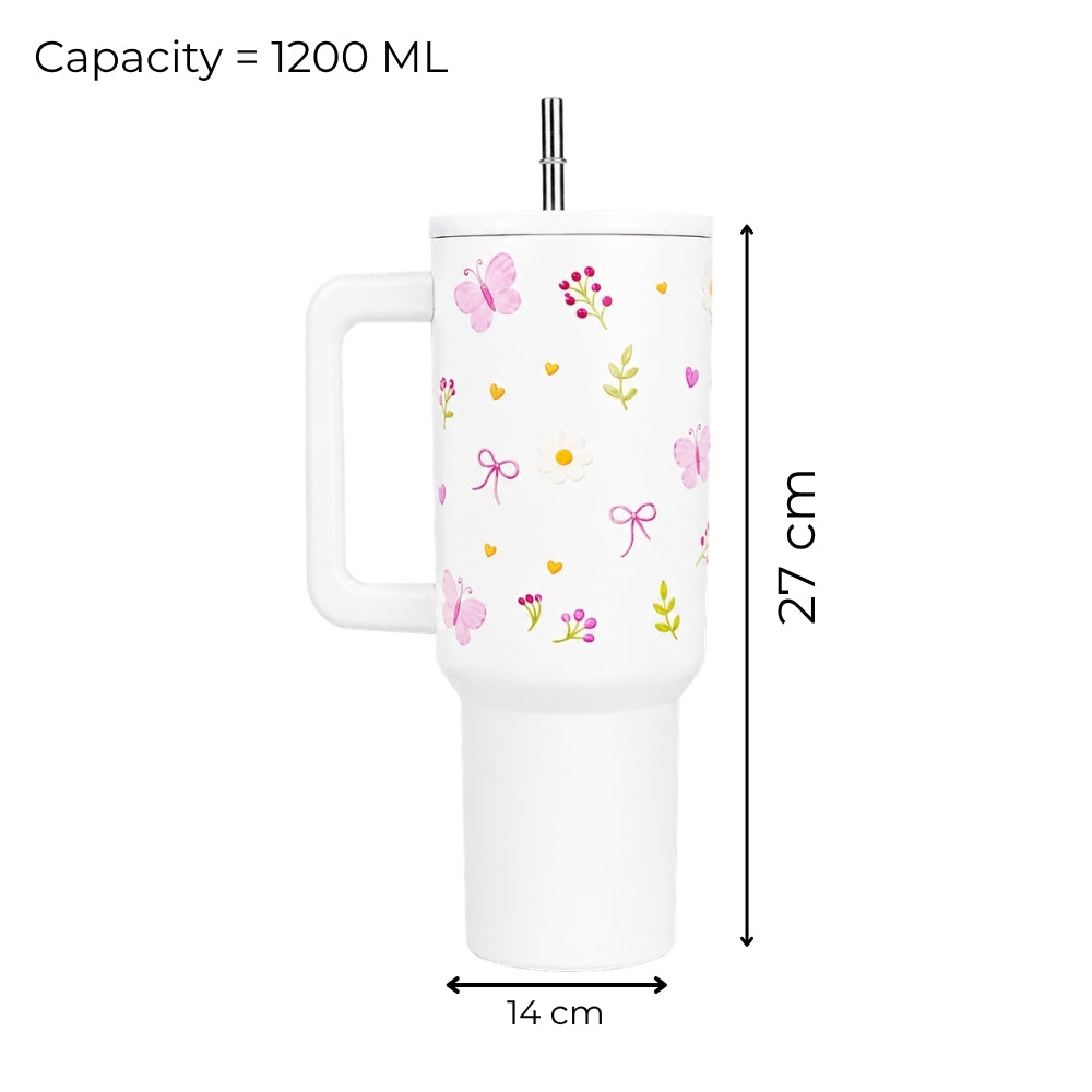 Butterfly, Bow & Floral Print travel  WHITE Tumbler