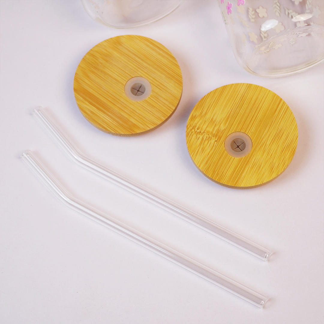 Set-2 Christmas & Floral Glass Tumbler with Bamboo Lid & Straw