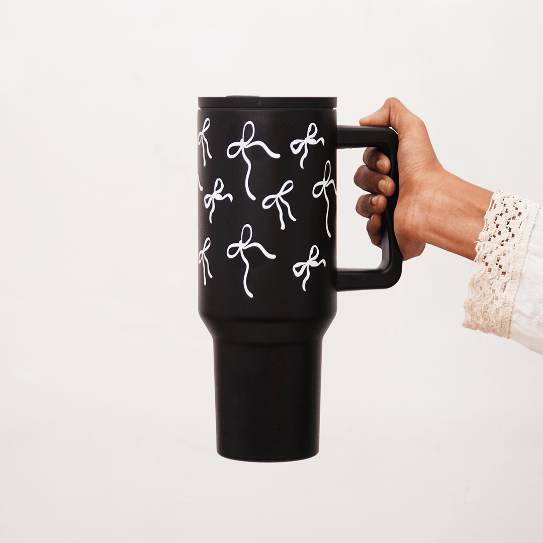 Bow Print Travel Tumbler with Handle | Insulated Coffee Mug with Lid | Reusable Water Cup