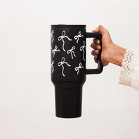 Bow Print Travel Tumbler with Handle | Insulated Coffee Mug with Lid | Reusable Water Cup