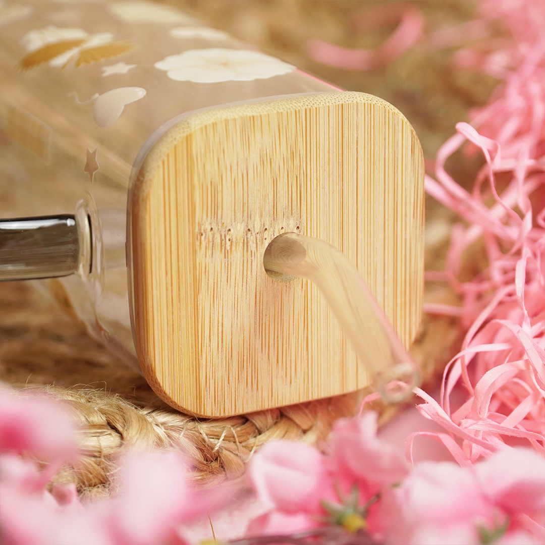 Set -2 Cute Printed Glass Mug with Bamboo Lid & Straw