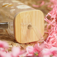 Set -2 Cute Printed Glass Mug with Bamboo Lid & Straw