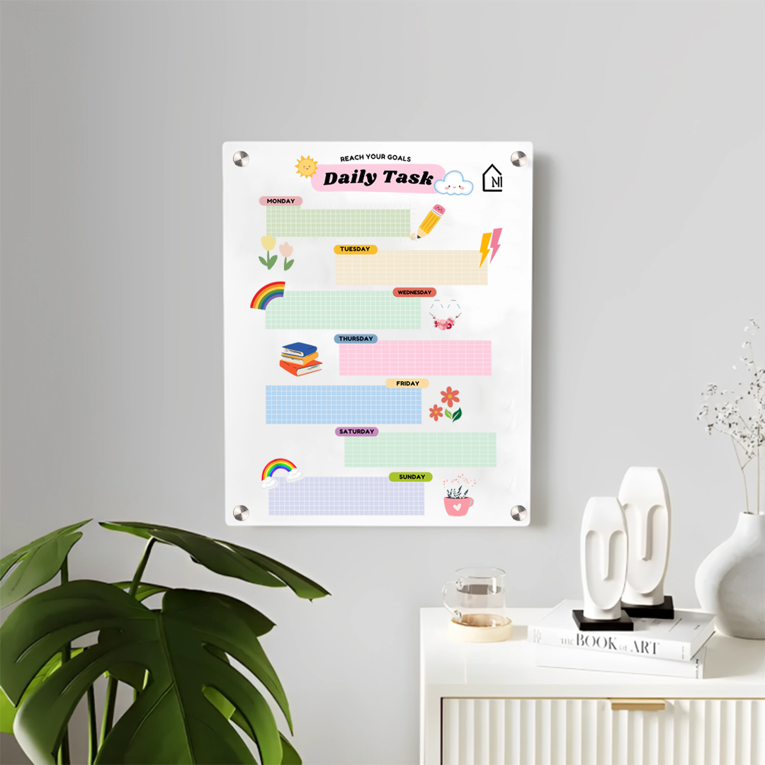 Acrylic Daily Task Planner Milky Board – Rainbow Theme Dry Erase Schedule Organizer | Kids & Home Study Wall Board | Monday to Sunday Layout