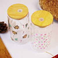 Set-2 Christmas & Floral Glass Tumbler with Bamboo Lid & Straw