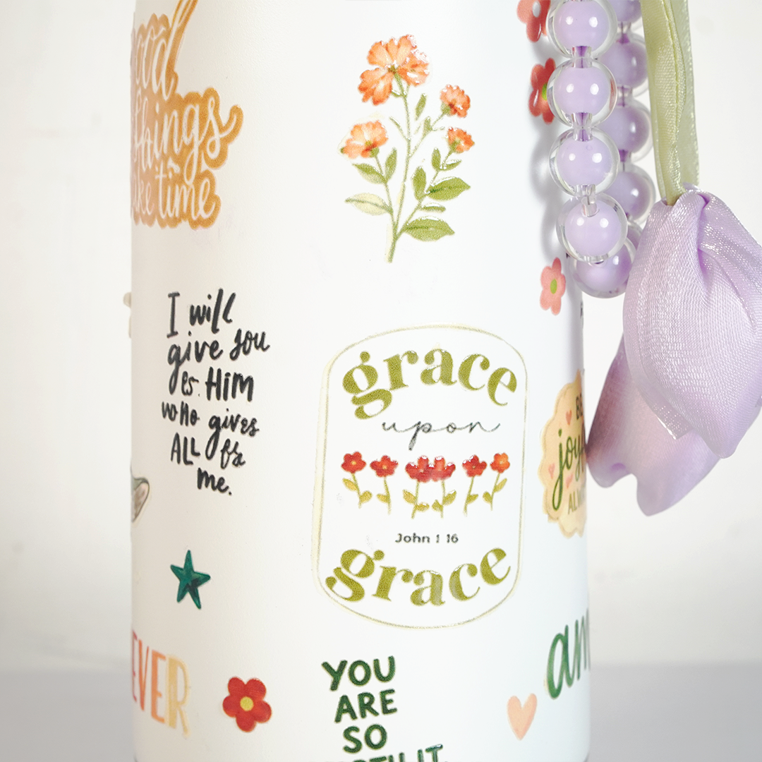 Floral Stainless Steel Tumbler with Charm & Handle