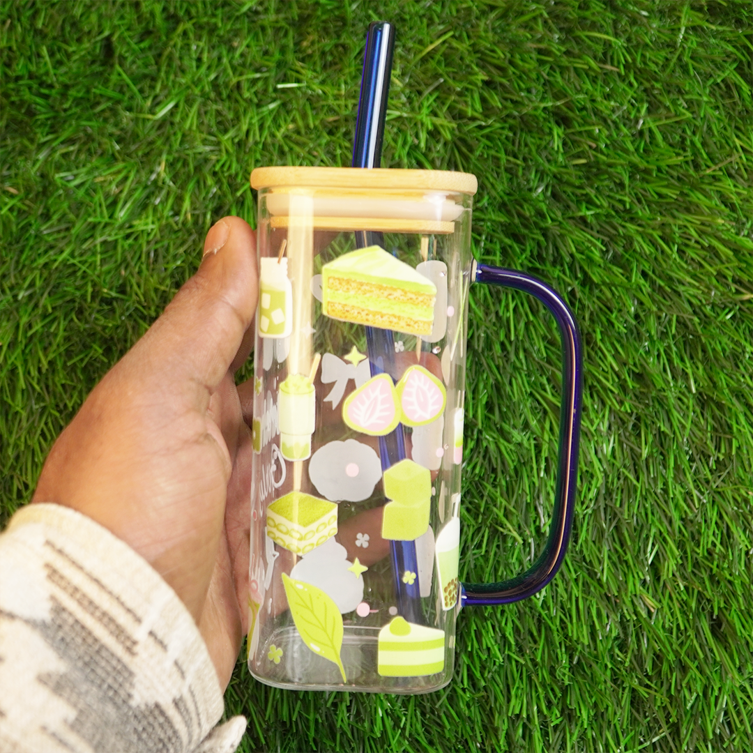Set -2 Cute Printed Glass Mug with Bamboo Lid & Straw