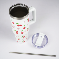 1200ml Cherry Print Insulated Stainless Steel Tumbler with Handle & Straw | Leakproof Travel Mug | Hot & Cold Beverage Cup | Height 27 cm, Width 7 cm