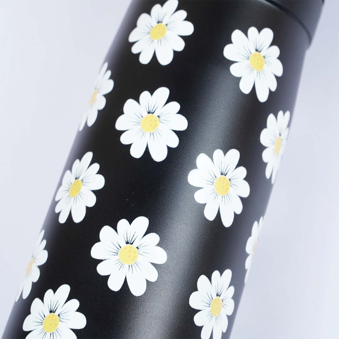 Daisy Print Black Stainless Steel Water Bottle