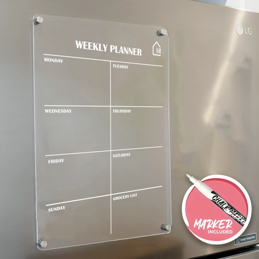 Acrylic Weekly Magnetic Planner Board – Fridge Organizer with Grocery List, Marker & Rag