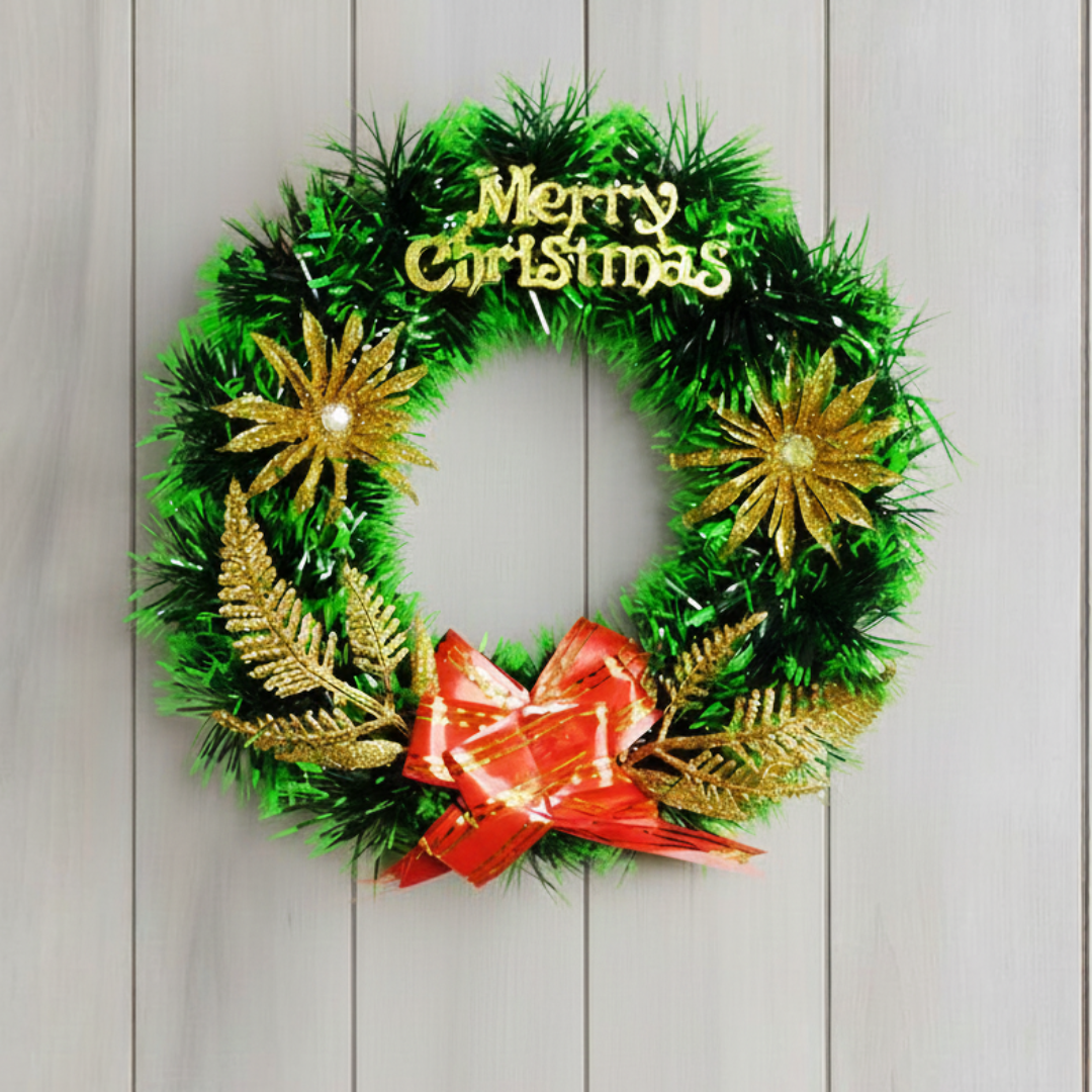 Festive Green Christmas Wreath with Golden Décor & Red Bow