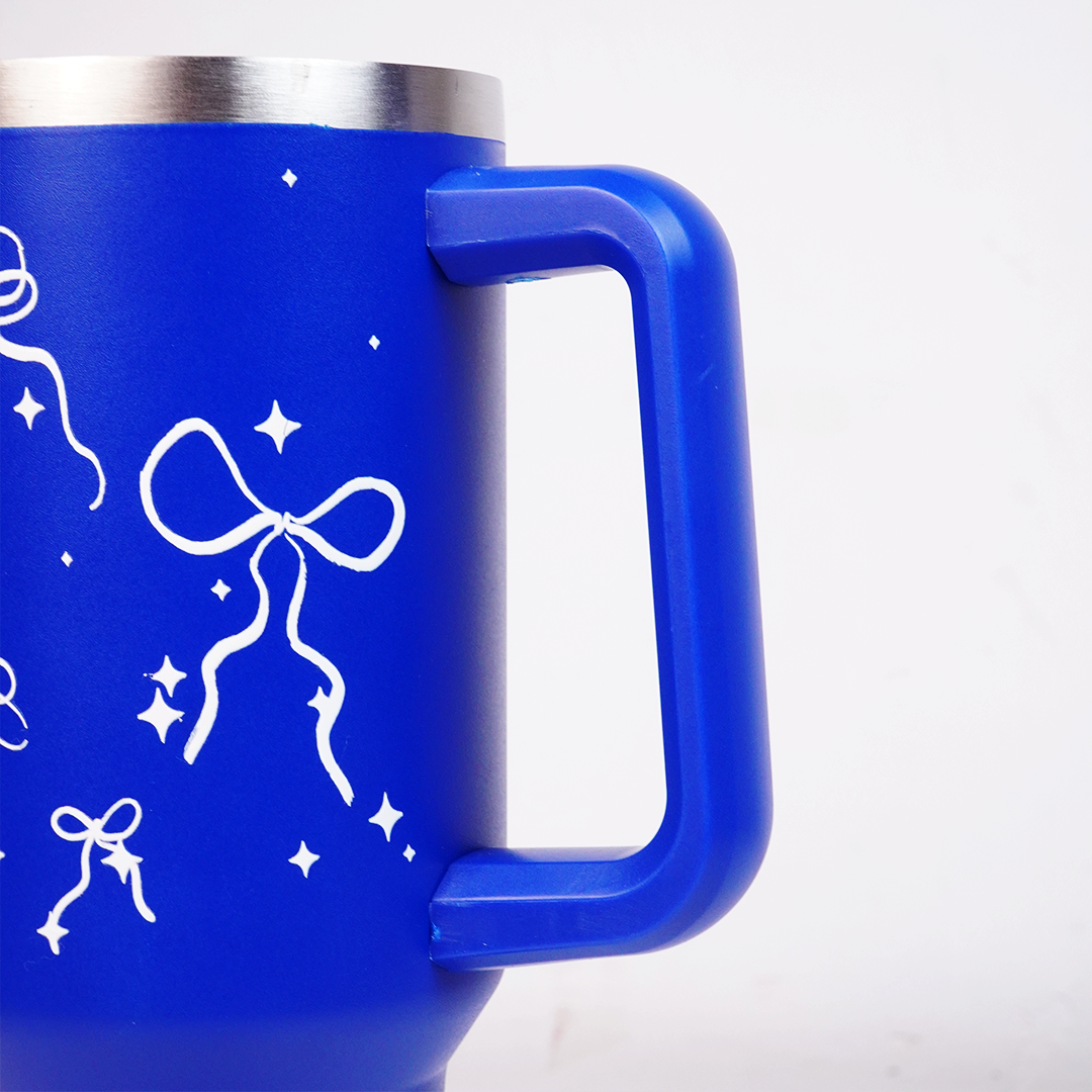 Royal Blue Bow Tumbler with Straw & Handle – Elegant Ribbon & Sparkle Print Travel Tumbler