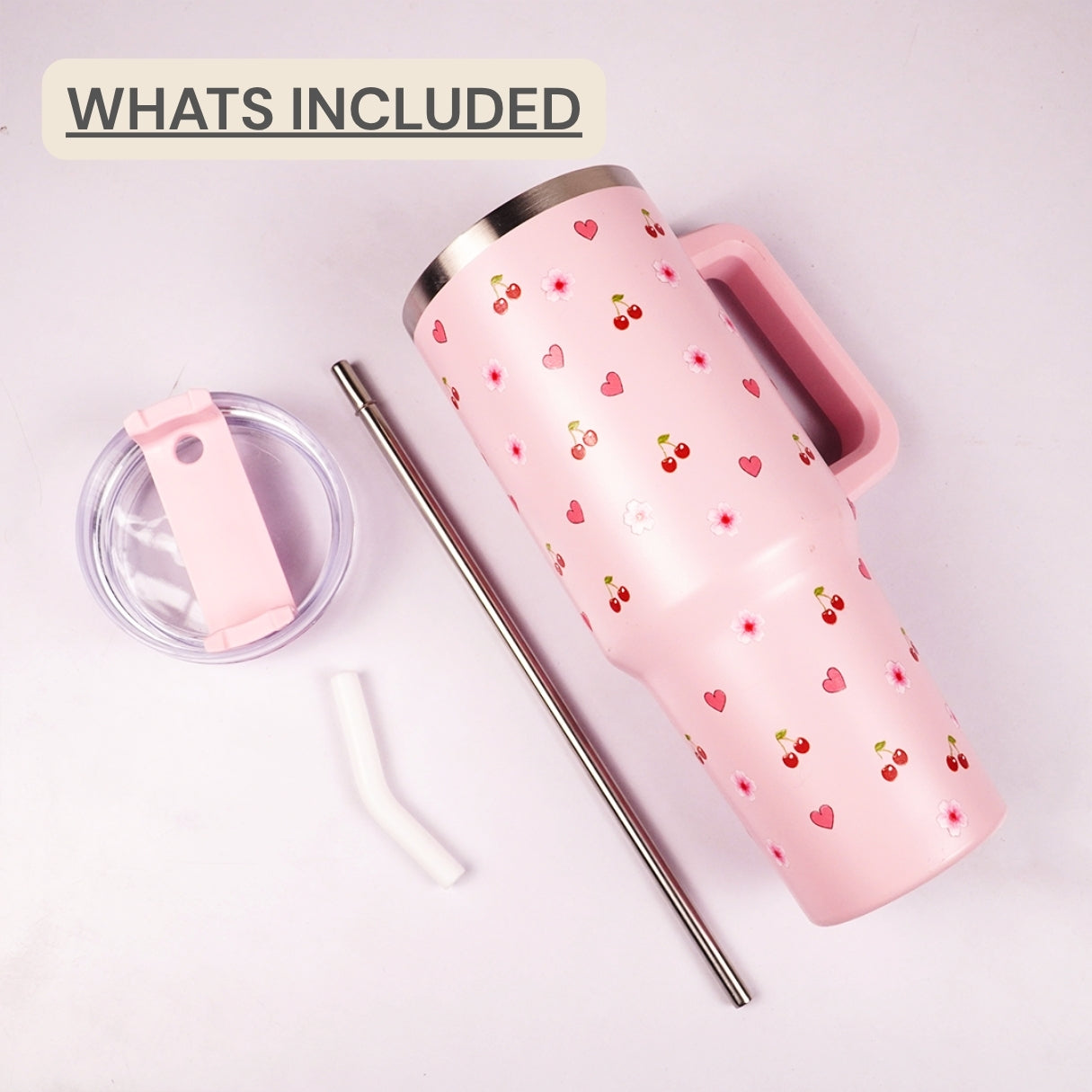 Pink Cherry & Floral Print Tumbler – Insulated Travel Tumbler with Handle & Straw