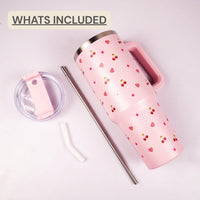 Pink Cherry & Floral Print Tumbler – Insulated Travel Tumbler with Handle & Straw