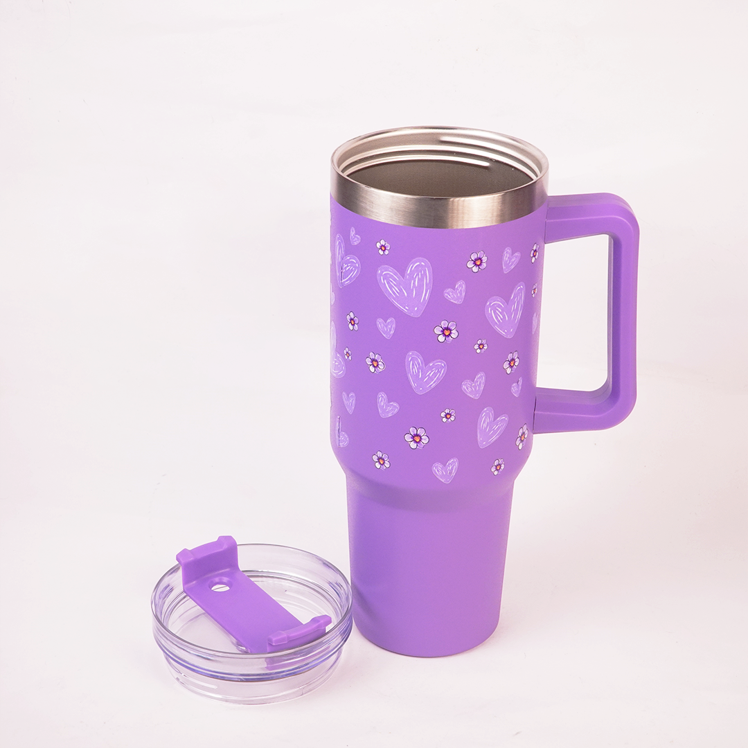 Purple Floral Tumbler with Handle & Straw – Cute Reusable Travel Cup for Everyday Drinks