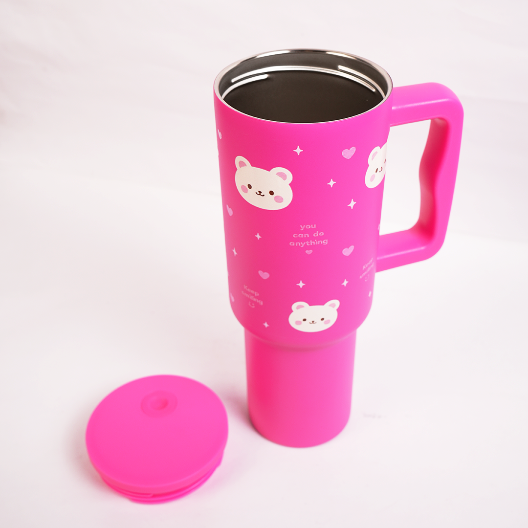 Hot Pink Happy Bear Insulated Tumbler with Handle