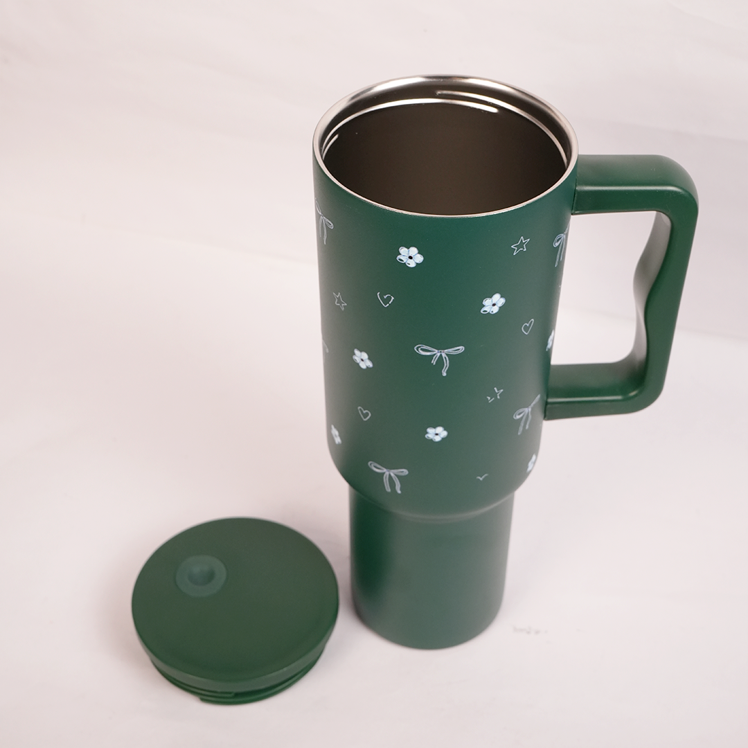 Deep Forest Green Floral & Bow Tumbler with Ergonomic Handle