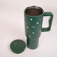Deep Forest Green Floral & Bow Tumbler with Ergonomic Handle