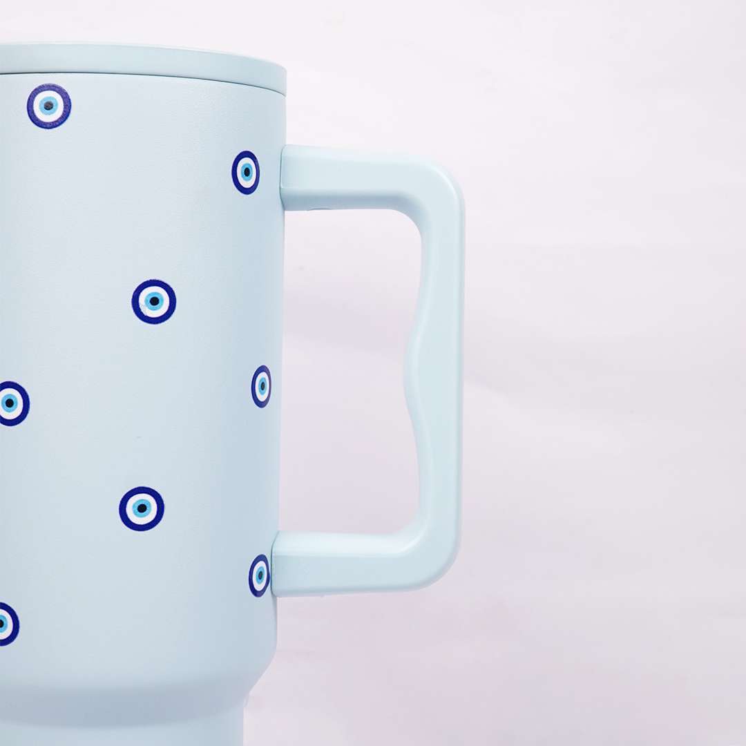 Blue Evil Eye Tumbler with Handle & Straw – Aesthetic Reusable Travel Cup