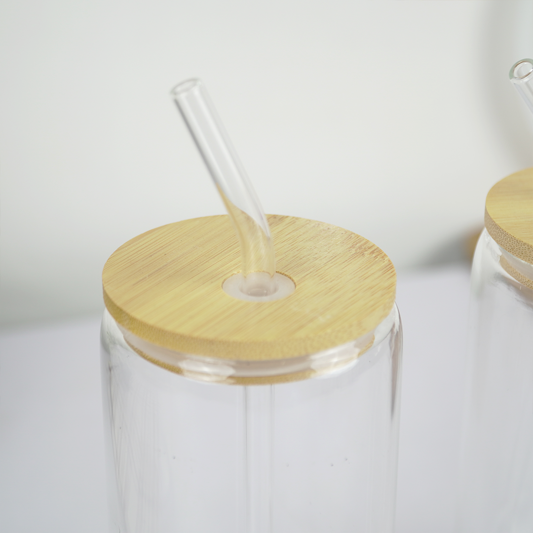 Clear Glass Tumbler with Bamboo Lid & Reusable Glass Straw