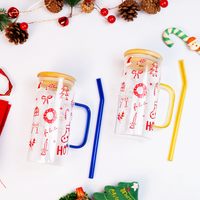 Christmas Glass Tumbler with Handle & Bamboo Lid – Set of 2 | Festive Holiday Design with Straw