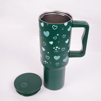 Green Heart Print Tumbler with Straw & Handle