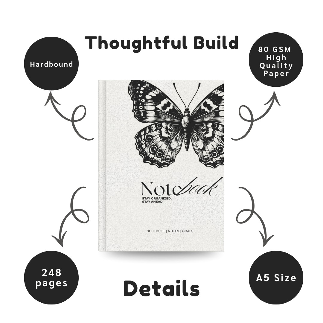 Butterfly Aesthetic Notebook for Notes, Goals & Planning | Minimal Black & White Hardcover Journal