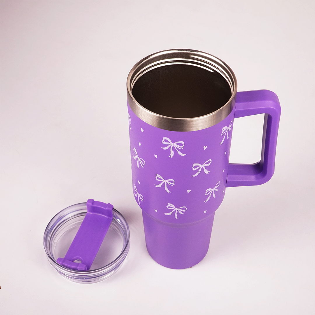 Purple Bow Print Tumbler – Insulated Travel Tumbler with Handle & Straw