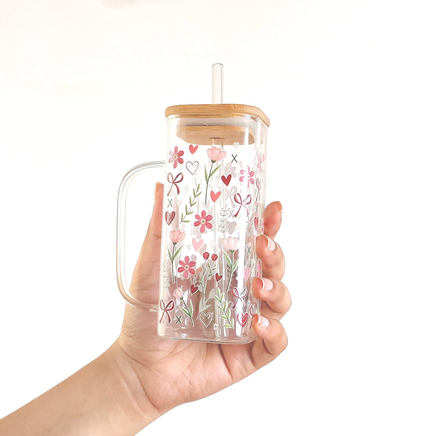 Blossom Heart Glass Tumbler with Handle, Bamboo Lid & Straw – Floral & Romantic Design