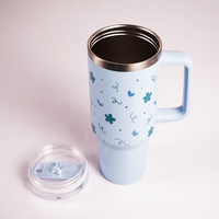 Blue Floral & Heart Print Tumbler – Insulated Travel Tumbler with Handle & Straw