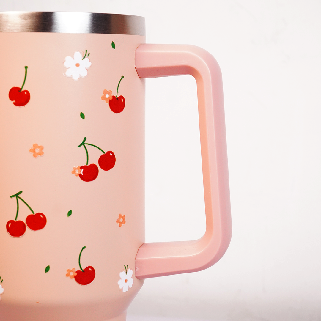 Peach Strawberry Heart Tumbler with Straw & Handle – Cute Floral Travel Tumbler