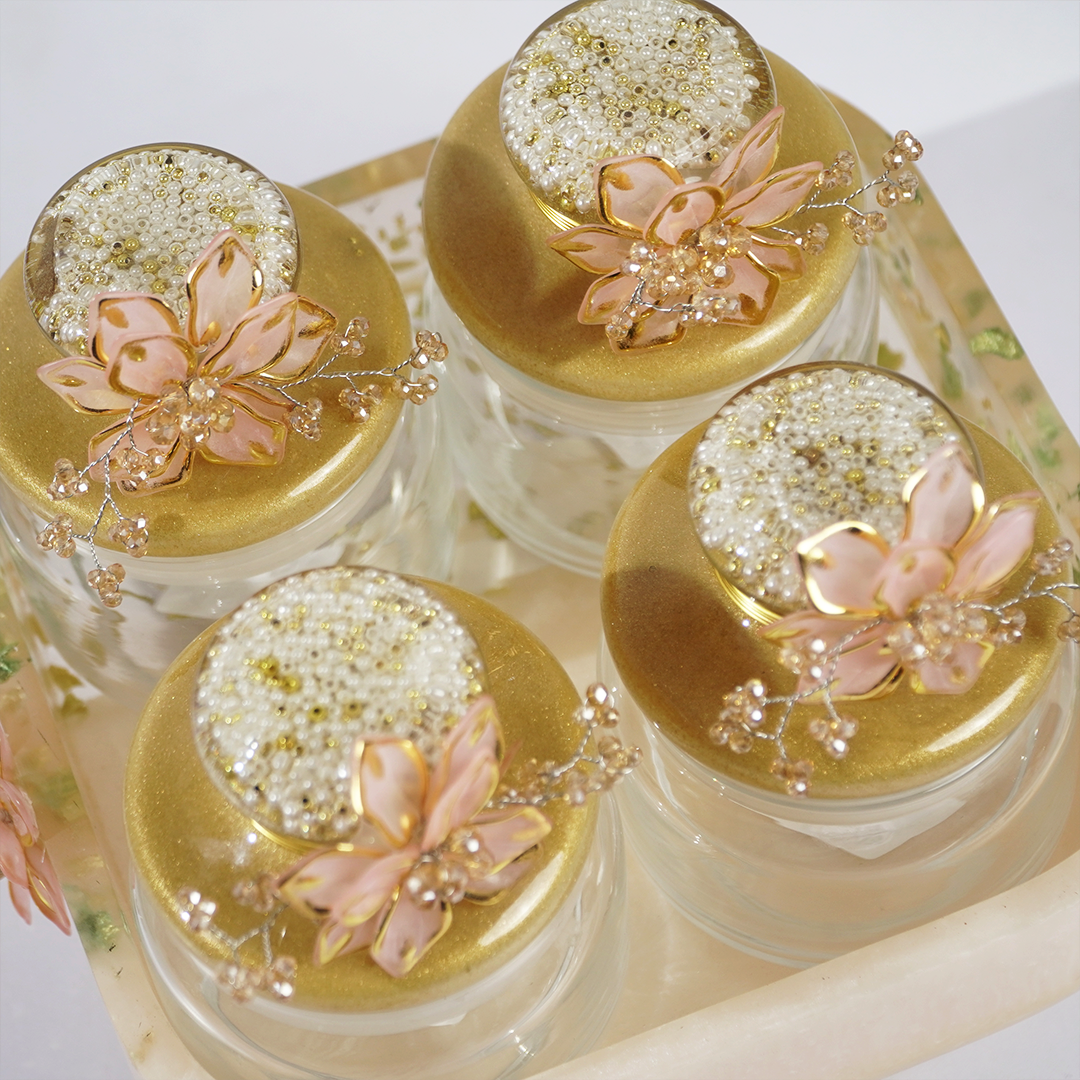 Set-4 Luxury Decorative Storage Jars Set with Pearl & Floral Lid