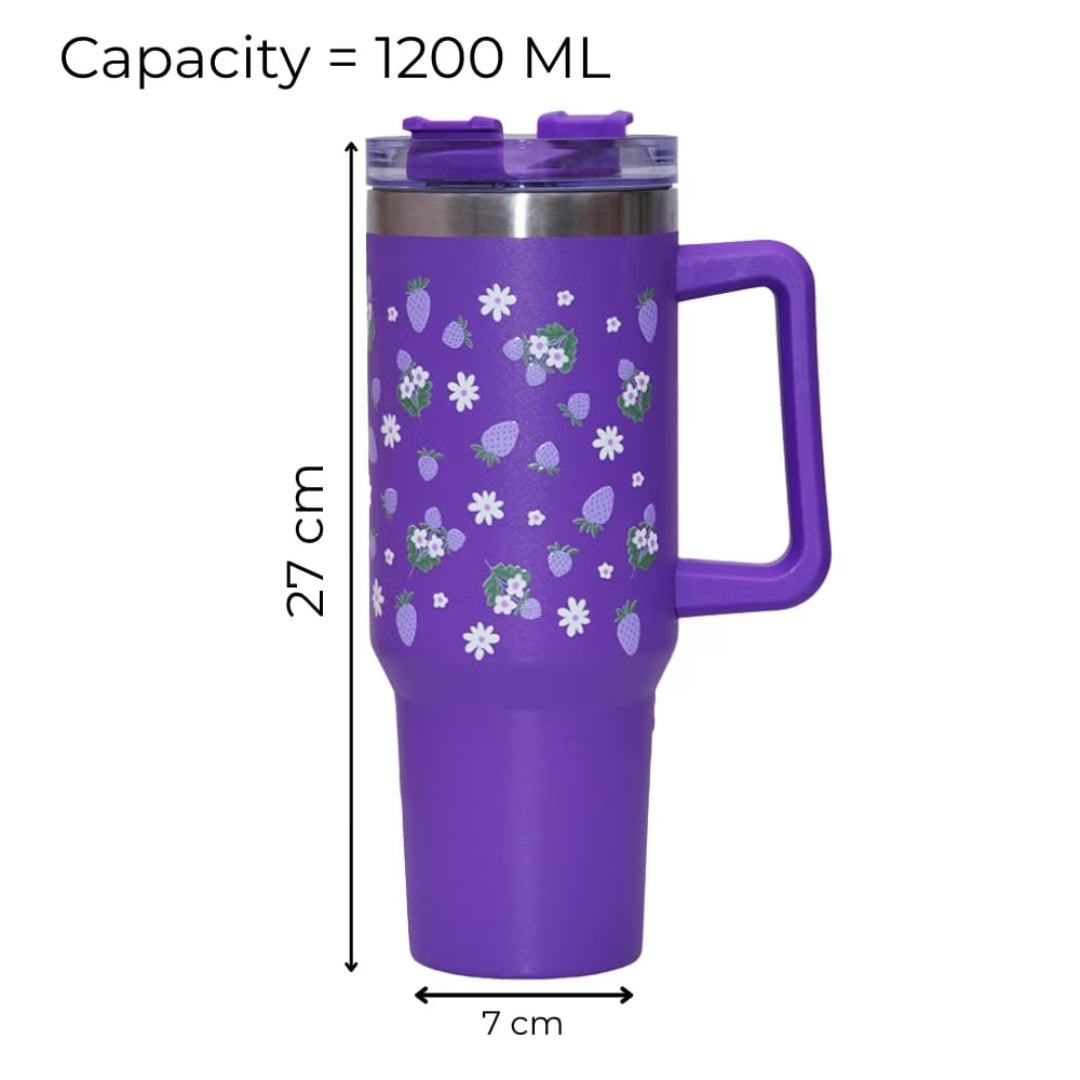 Strawberry Floral Print Tumbler with Handle & Straw | Reusable Travel Water Cup | Stylish Drinkware