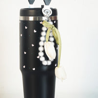 Aesthetic Heart Print Stainless Steel Tumbler with Floral Charm